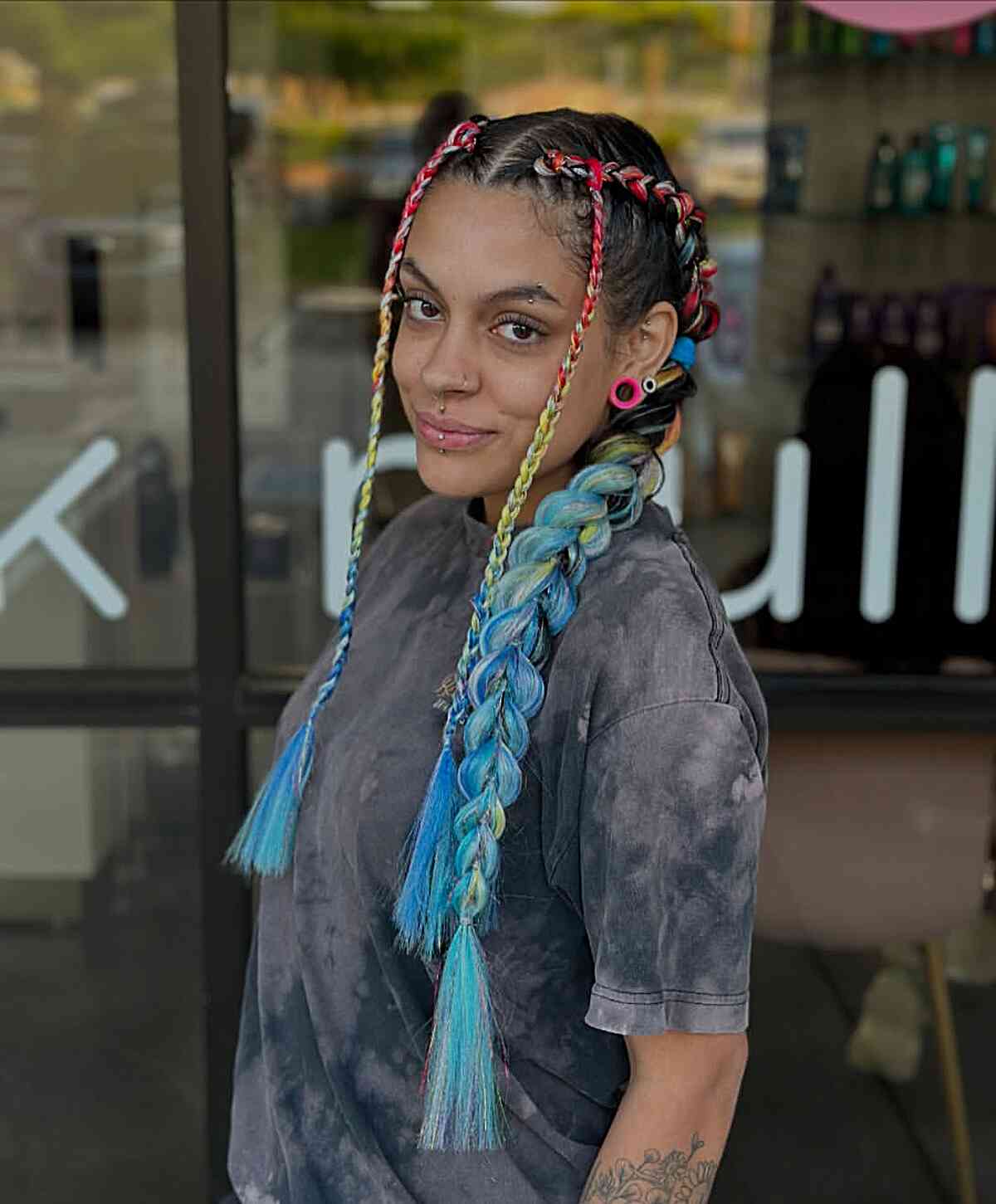 Dutch Braids With Colorful Extensions Bubble Effect Dutch Braids With Colorful Extensions Bubble Effect — Ponytail Festival Hairstyles 2027
