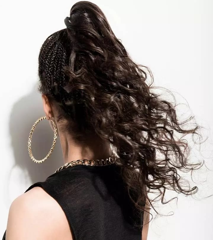 Dark Brown Curly Ponytail With Braided Sides, Mid-Back Dark Brown Curly Ponytail With Braided Sides, Mid-Back — Ponytail Hairstyles 2027 for Curly Hair