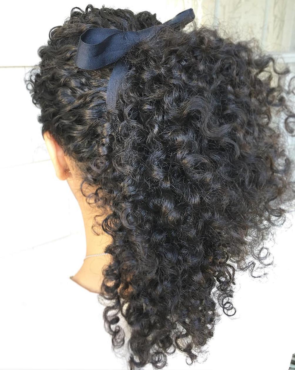 Black Curly Ponytail With Ribbon Bow Black Curly Ponytail With Ribbon Bow — Ponytail Hairstyles 2027 for Curly Hair