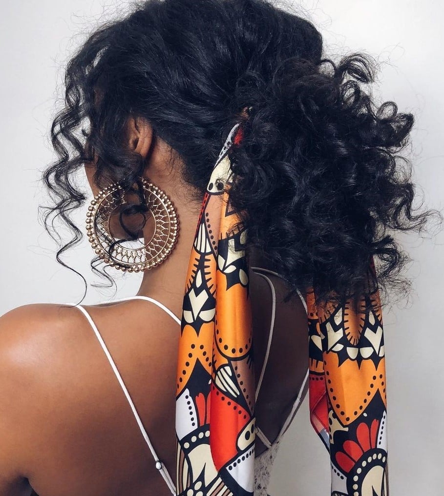 Black Curly Ponytail With Colorful Scarf Black Curly Ponytail With Colorful Scarf — Ponytail Hairstyles 2027 for Curly Hair