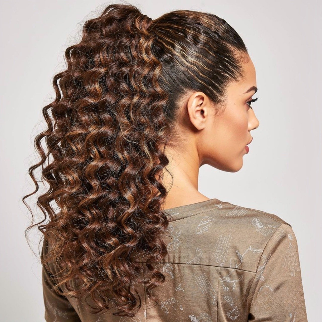 Brown Ponytail With Caramel Highlights, Mid-Back Brown Ponytail With Caramel Highlights, Mid-Back — Ponytail Hairstyles 2027 for Curly Hair