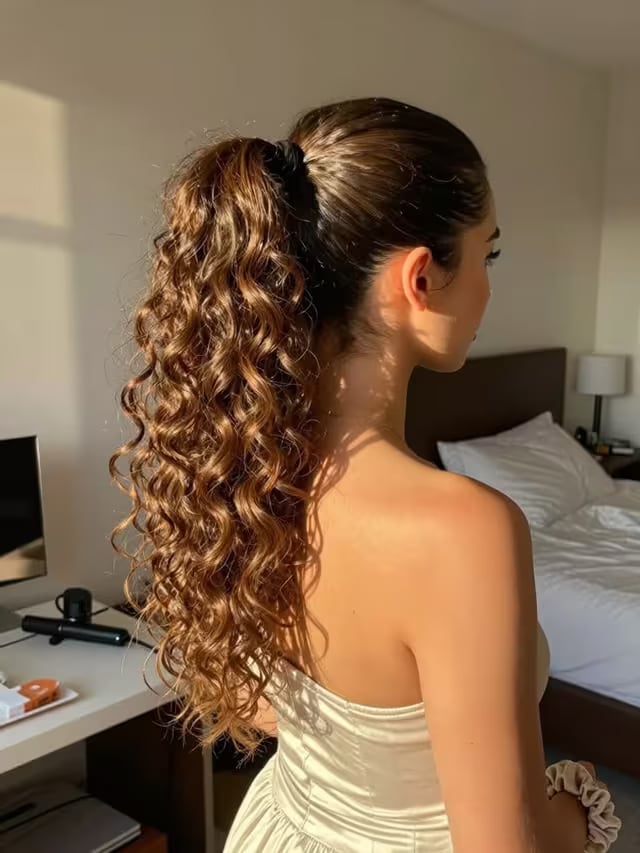 Medium Brown Ponytail With Caramel Highlights Medium Brown Ponytail With Caramel Highlights — Ponytail Hairstyles 2027 for Curly Hair