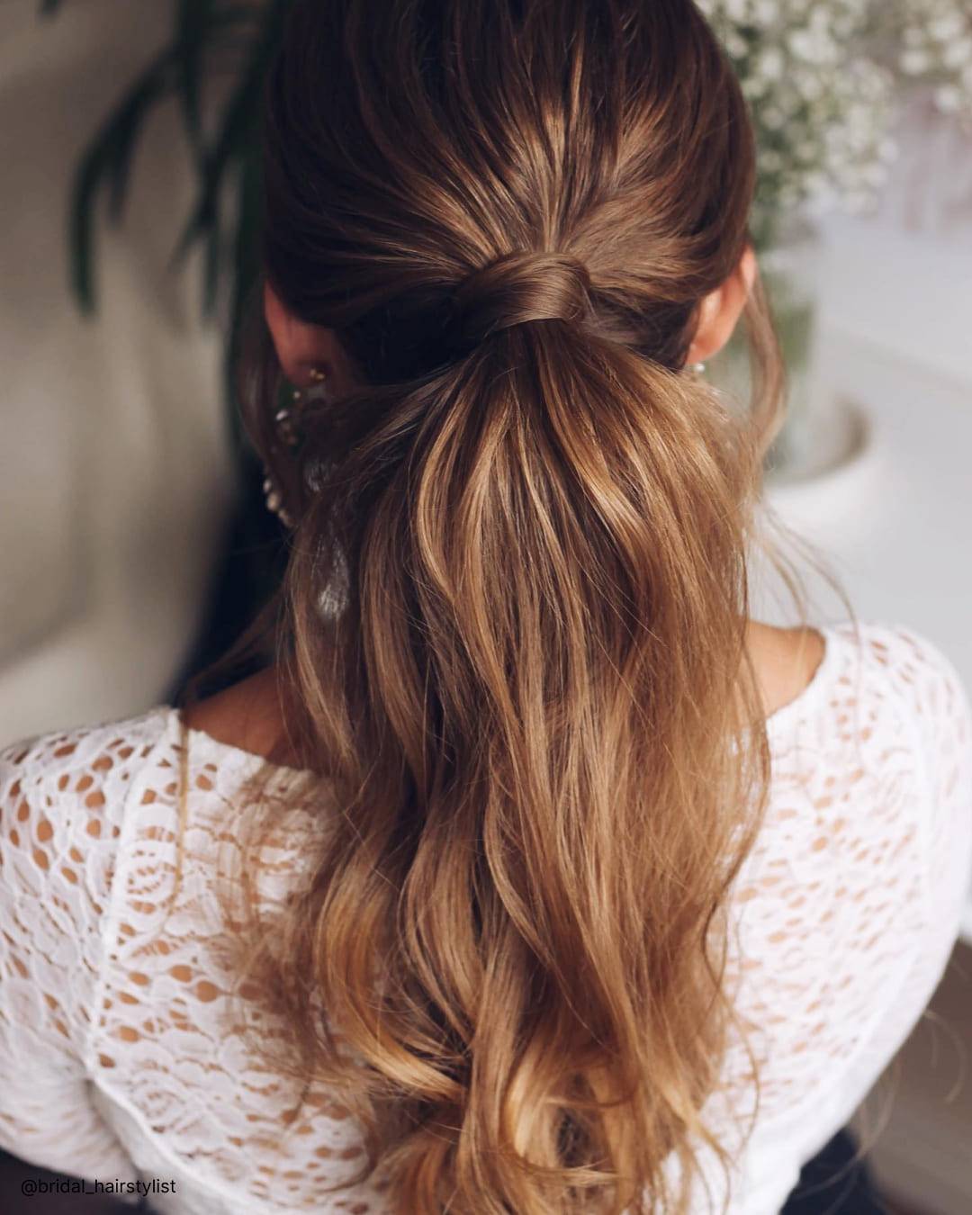 Light Brown Low Ponytail With Natural Waves Light Brown Low Ponytail With Natural Waves — Ponytail Hairstyles 2027 for Fine Hair