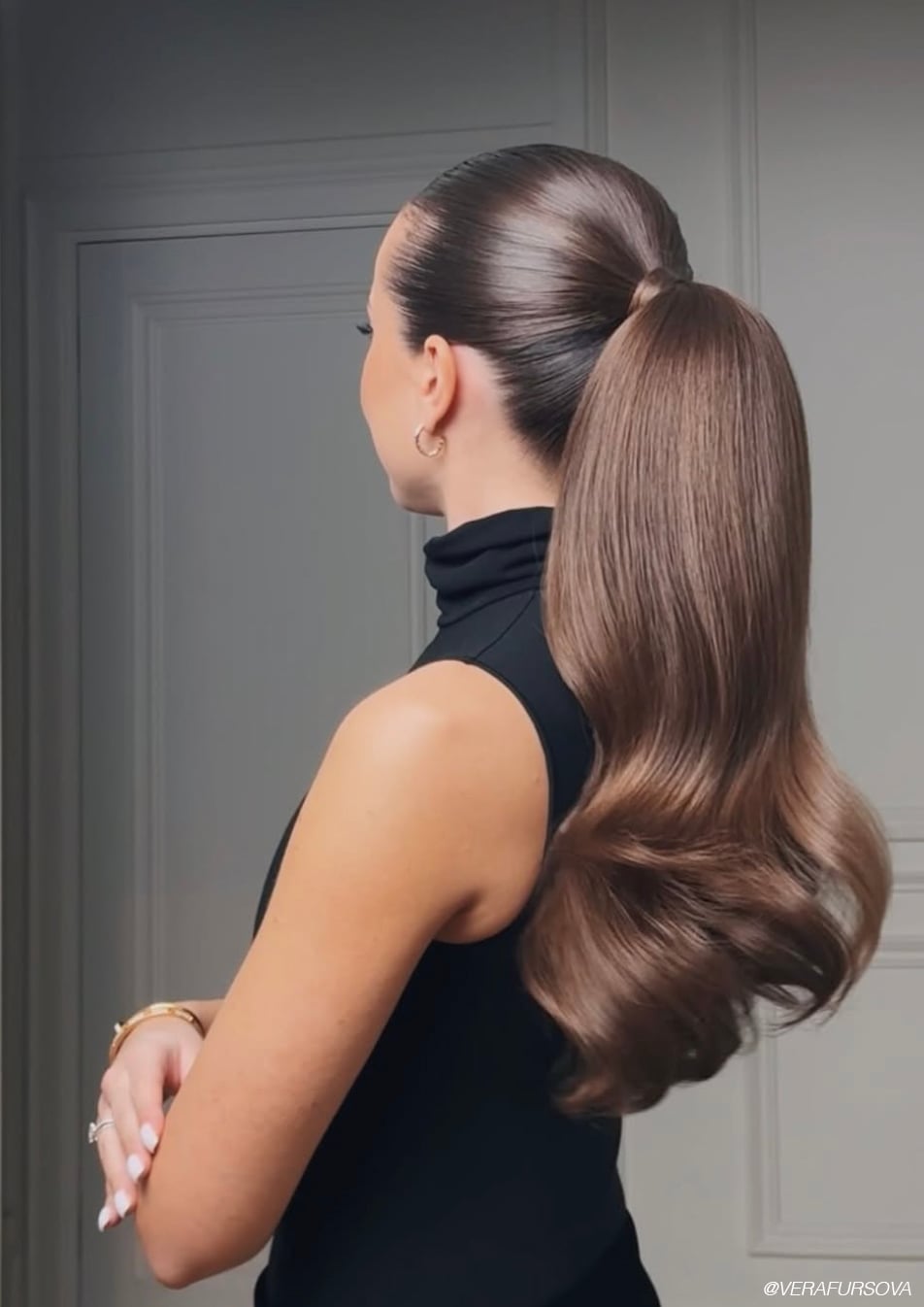 Medium Brown High Ponytail With Uniform Waves Medium Brown High Ponytail With Uniform Waves — Ponytail Hairstyles 2027 for Fine Hair