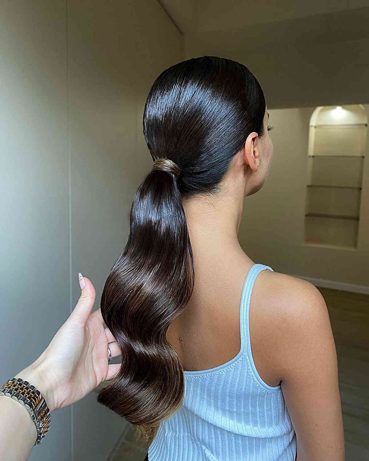 Glossy Dark Brown High Ponytail With Waves Glossy Dark Brown High Ponytail With Waves — Ponytail Hairstyles 2027 for Fine Hair