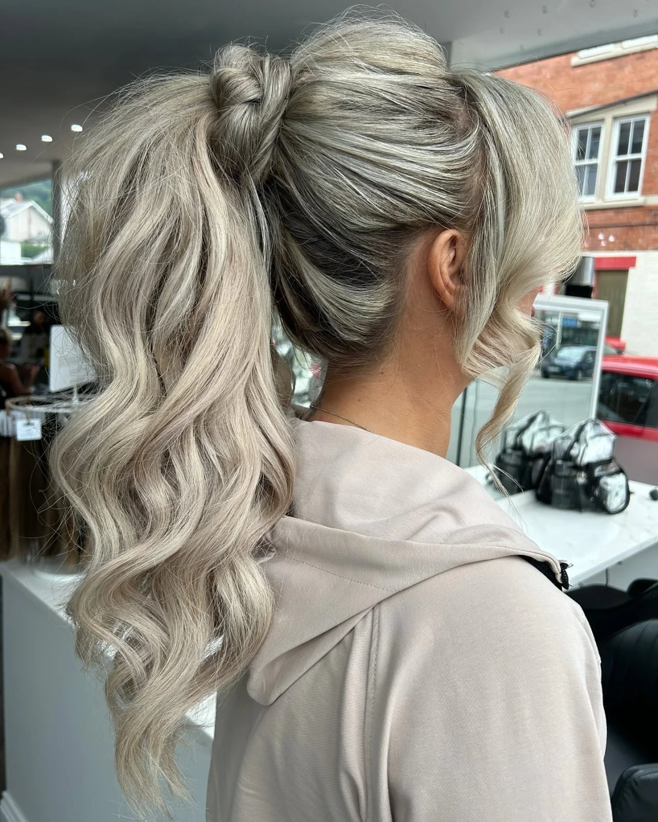 Platinum Blonde High Ponytail With Curls and Knot Platinum Blonde High Ponytail With Curls and Knot — Ponytail Hairstyles 2027 for Fine Hair