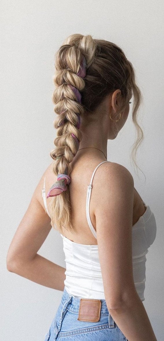 Chunky Braided Ponytail With Colorful Scrunchies — Ponytail Hairstyles 2027 with Braids