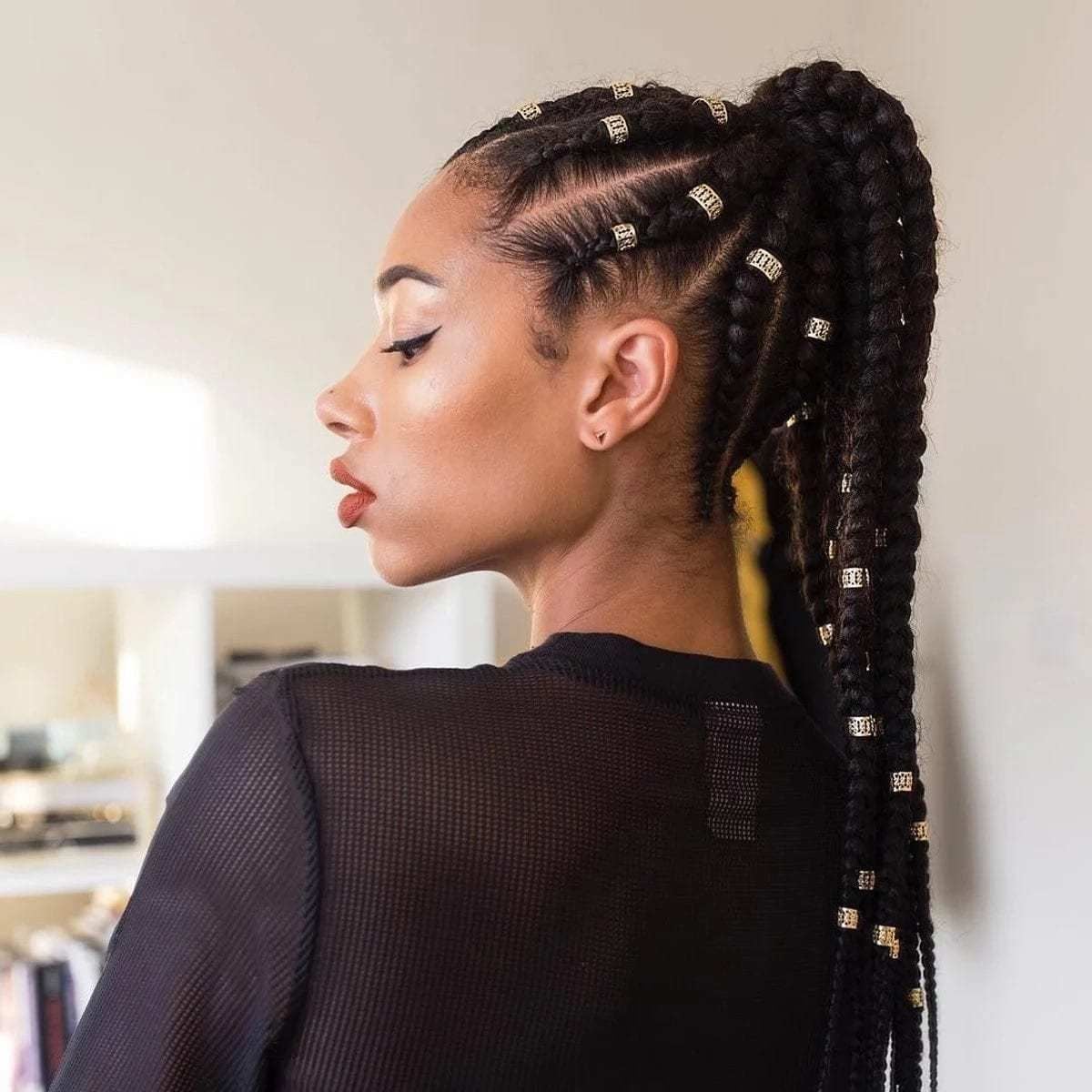 High Ponytail With Numerous Braids and Gold Beads, Mid-Back — Ponytail Hairstyles 2027 with Braids
