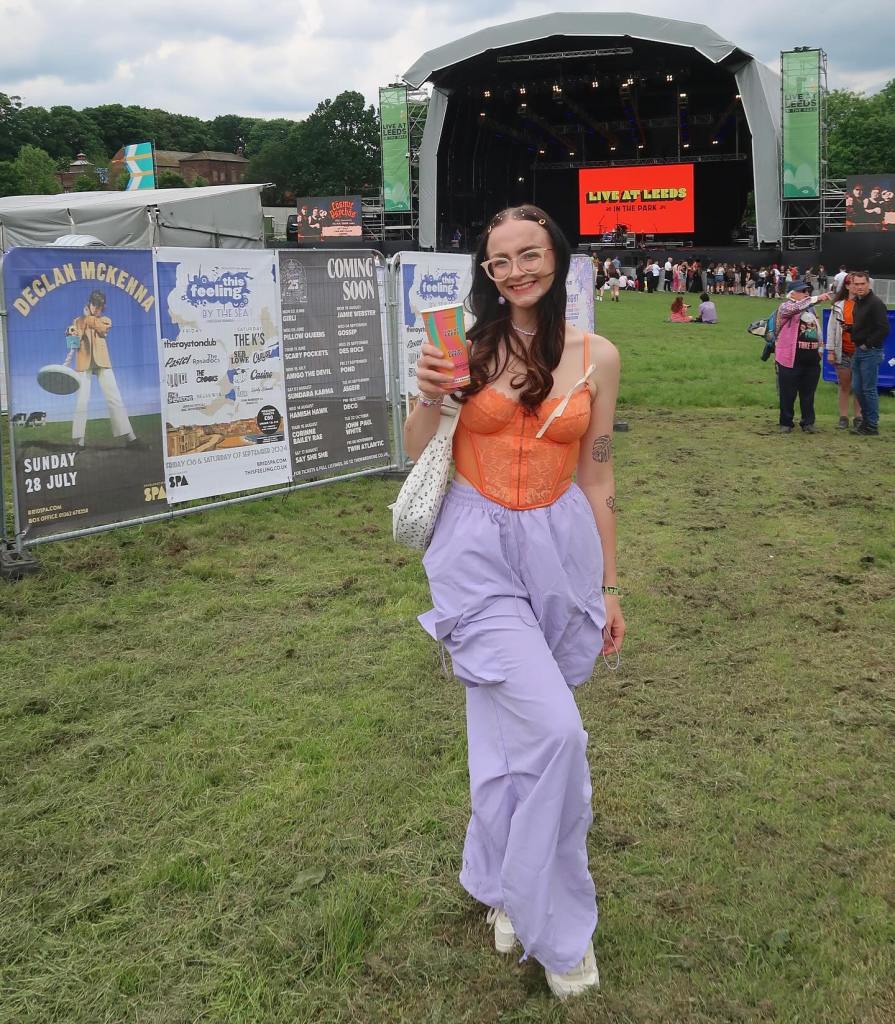 Orange Mesh Corset Top and Lilac Cargo Pants Orange Mesh Corset Top and Lilac Cargo Pants — Pop Concert Outfits 2027