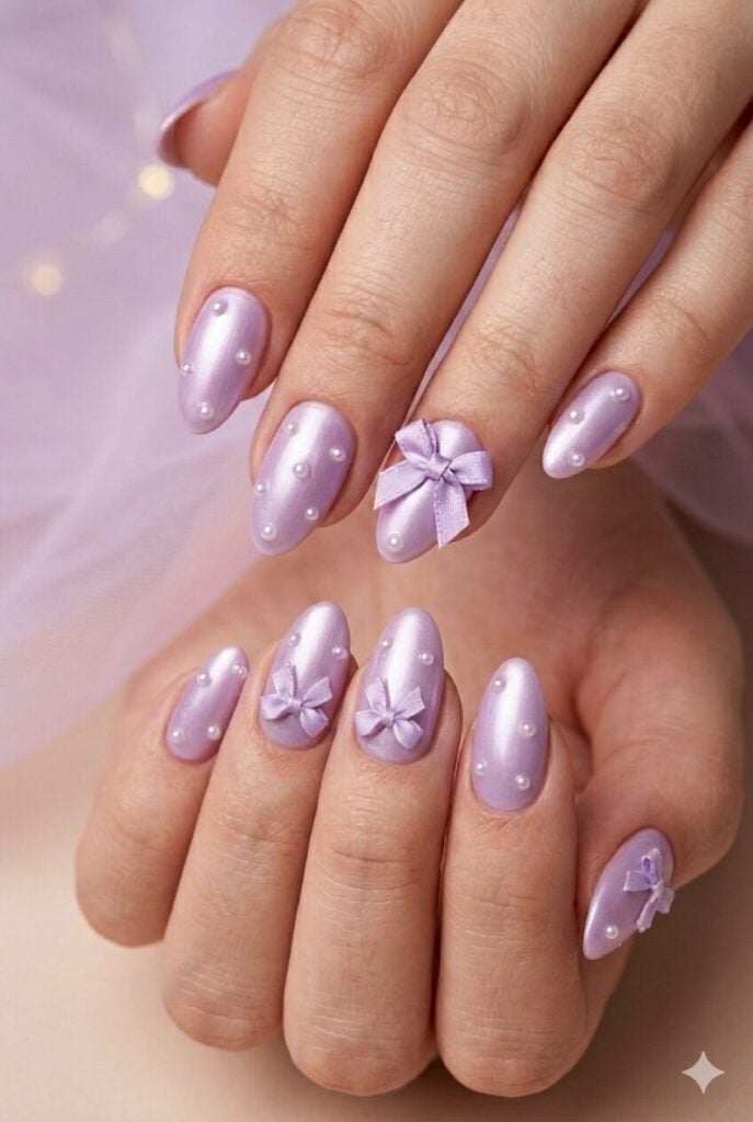Pearlescent Light Purple Short Almond Nails Pearlescent Light Purple Short Almond Nails — Purple Bow Nails 2027