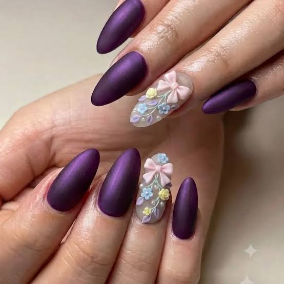 Matte Deep Purple Nails with Floral Bows Matte Deep Purple Nails with Floral Bows — Purple Bow Nails 2027