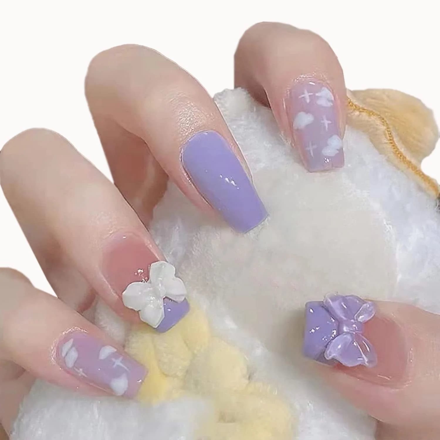 Lavender and Clear Nails with White Bow Charms Lavender and Clear Nails with White Bow Charms — Purple Bow Nails 2027