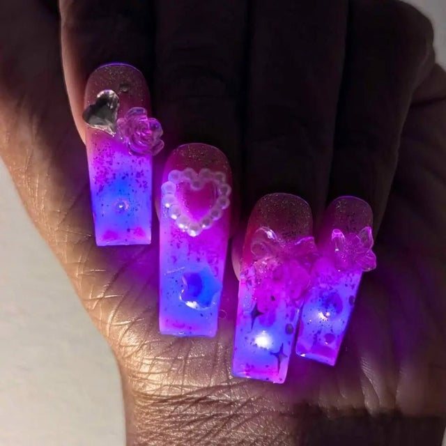 Glowing Purple Pink Coffin Nails with Bows Glowing Purple Pink Coffin Nails with Bows — Purple Bow Nails 2027