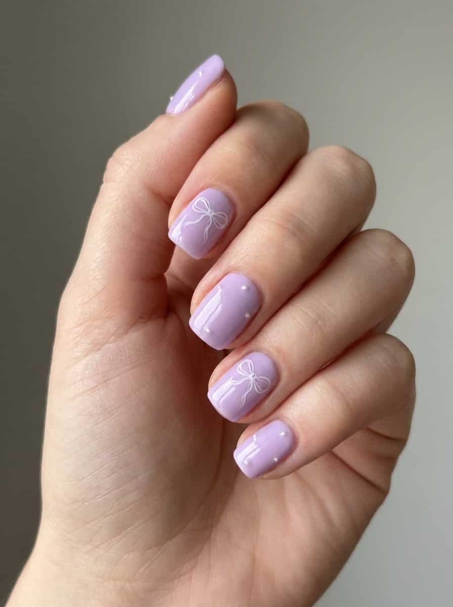 Soft Lavender Square Nails with White Bows Soft Lavender Square Nails with White Bows — Purple Bow Nails 2027
