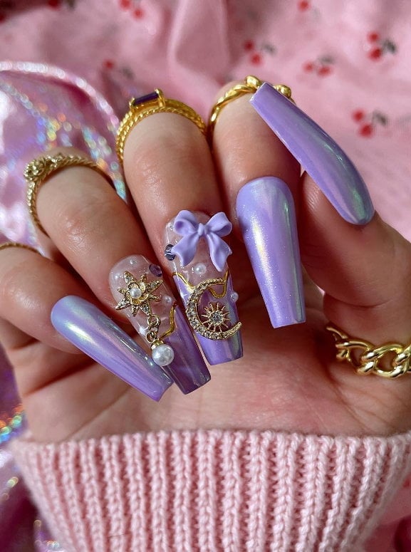 Iridescent Purple Coffin Nails with Charms Iridescent Purple Coffin Nails with Charms — Purple Bow Nails 2027