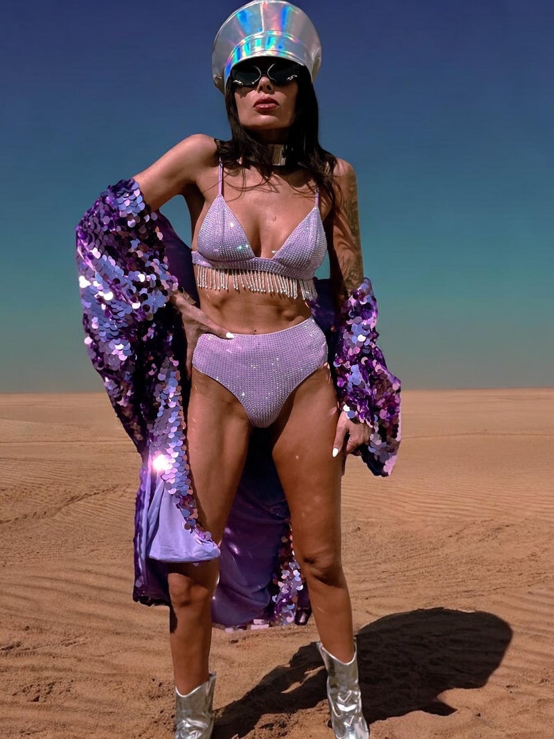 Purple Sequin Kimono with Fringe over Bikini Set Purple Sequin Kimono with Fringe over Bikini Set — Purple Rave Outfits 2027