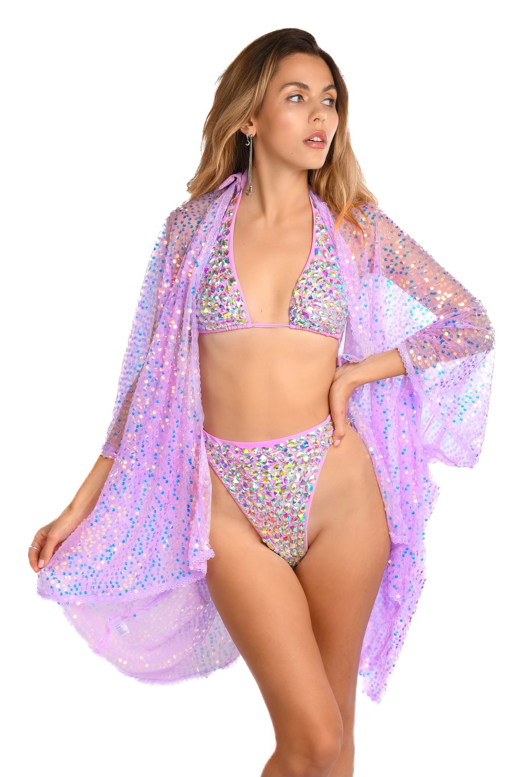 Lavender and Iridescent Sequin Bikini Set with Matching Kimono Lavender and Iridescent Sequin Bikini Set with Matching Kimono — Purple Rave Outfits 2027