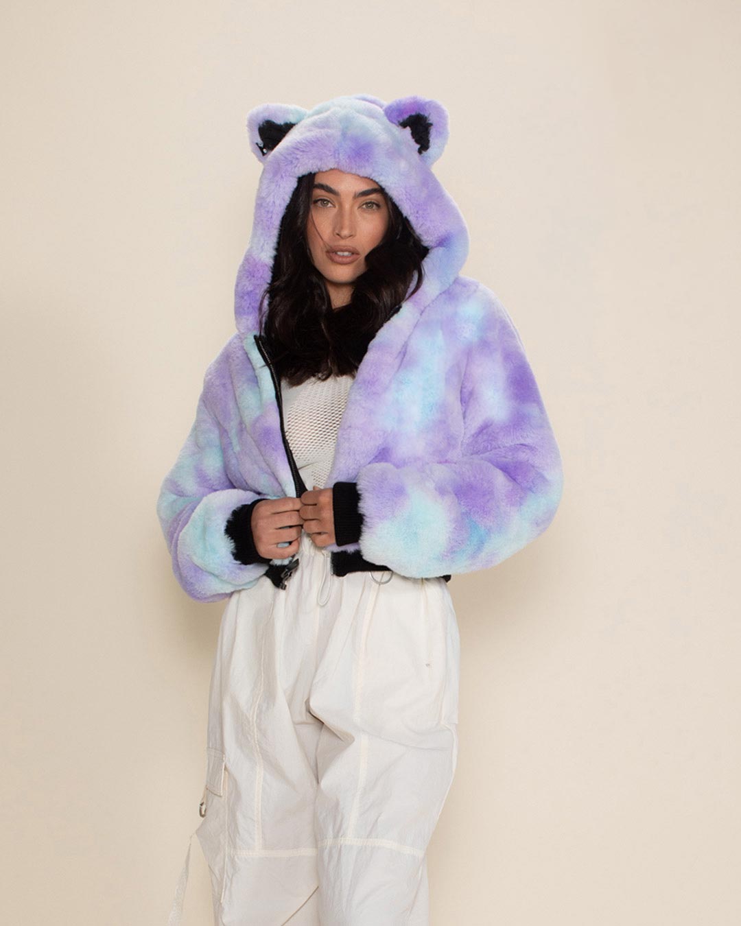 Purple and Blue Tie-Dye Faux Fur Jacket with White Cargo Pants Purple and Blue Tie-Dye Faux Fur Jacket with White Cargo Pants — Purple Rave Outfits 2027