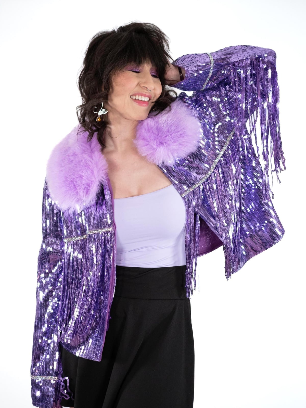Purple Sequin Jacket with Faux Fur Collar and Fringe Purple Sequin Jacket with Faux Fur Collar and Fringe — Purple Rave Outfits 2027