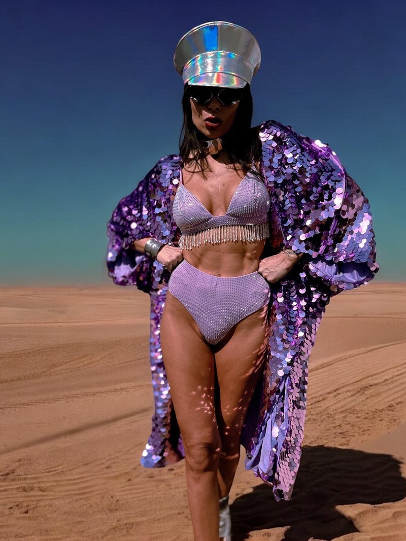 Lilac Beaded Bralette and Bottoms with Oversized Sequin Kimono Lilac Beaded Bralette and Bottoms with Oversized Sequin Kimono — Purple Rave Outfits 2027