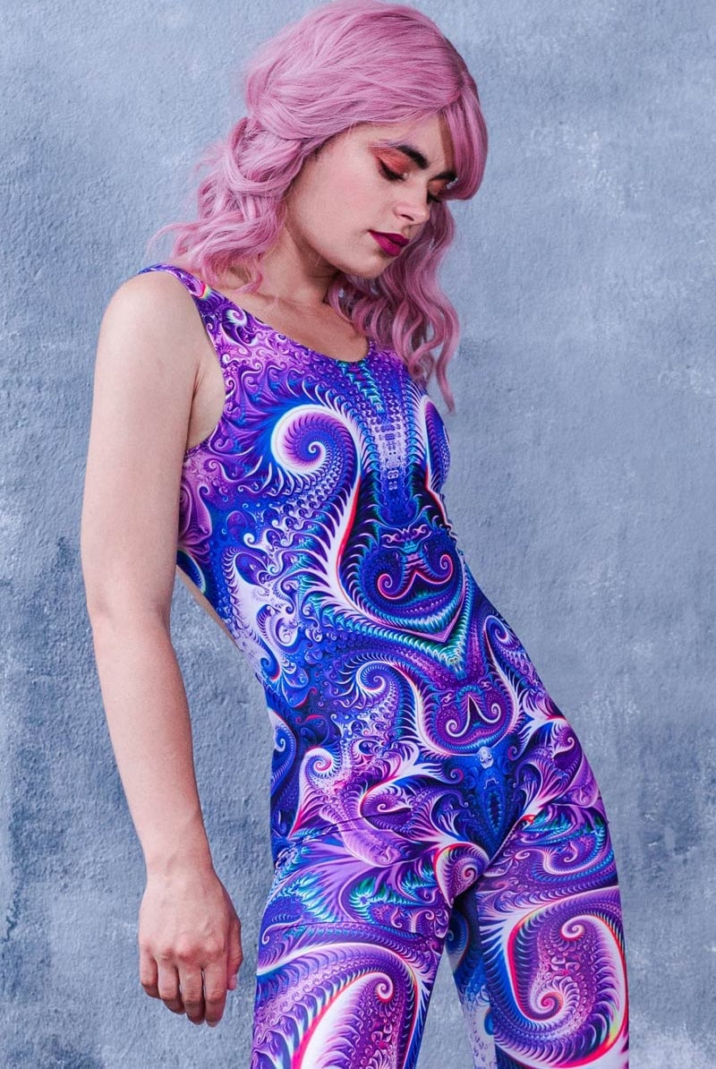 Sleeveless Catsuit in Vibrant Purple Psychedelic Print Sleeveless Catsuit in Vibrant Purple Psychedelic Print — Purple Rave Outfits 2027