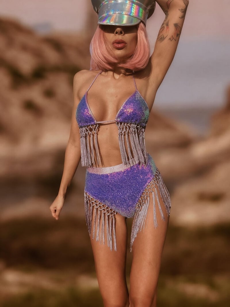 Purple Sequin Fringe Bikini Top, Shorts, and Cap Purple Sequin Fringe Bikini Top, Shorts, and Cap — Purple Rave Outfits 2027