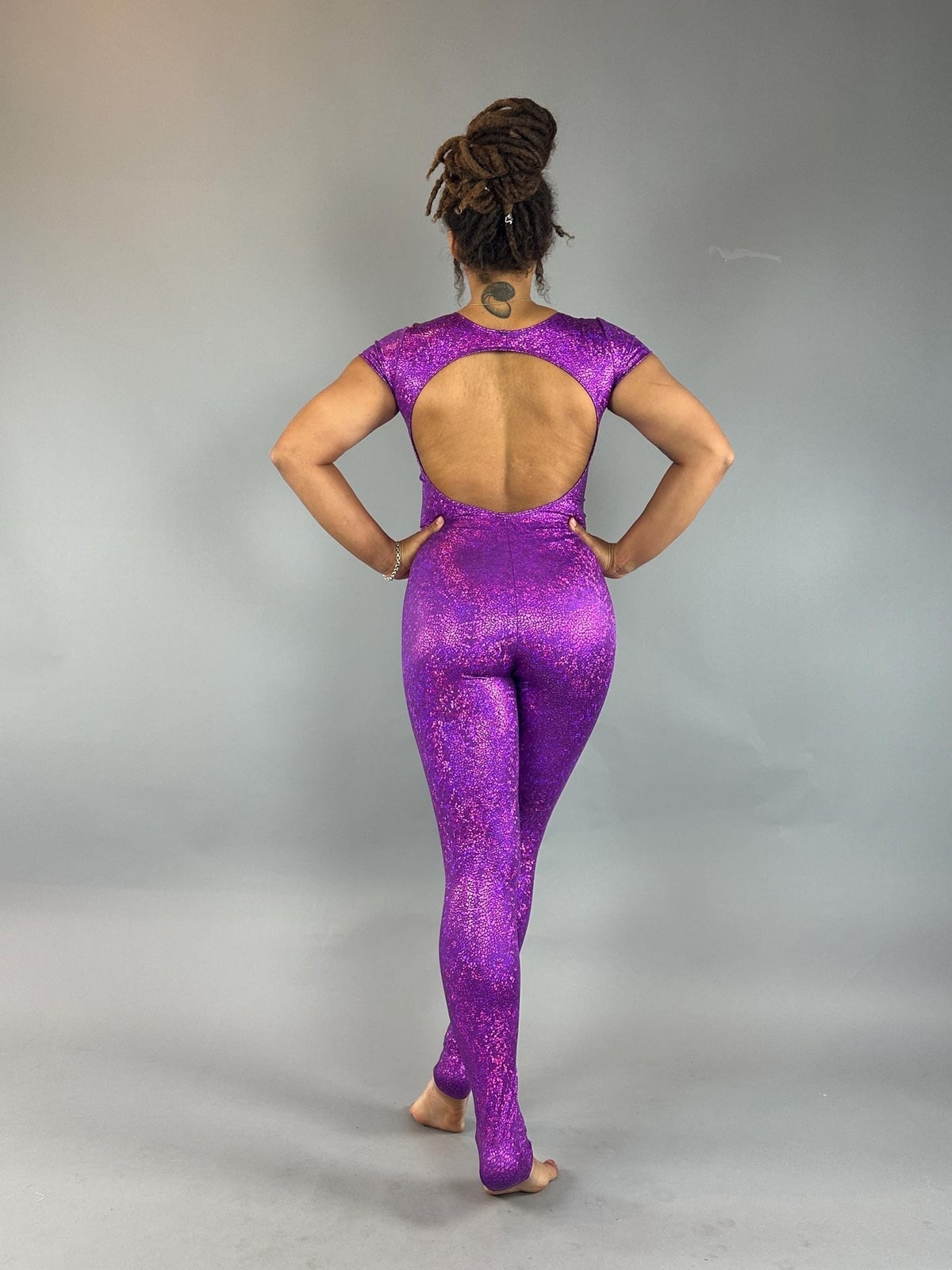 Shiny Purple Metallic Unitard with Open Back Shiny Purple Metallic Unitard with Open Back — Purple Rave Outfits 2027