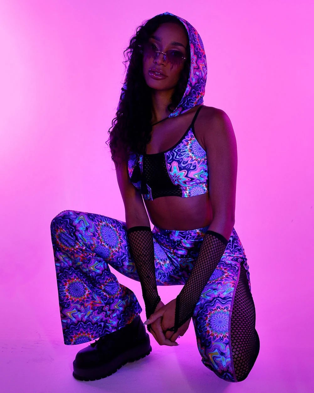 Hooded Crop Top and Wide-Leg Pants in Psychedelic Print Hooded Crop Top and Wide-Leg Pants in Psychedelic Print — Purple Rave Outfits 2027