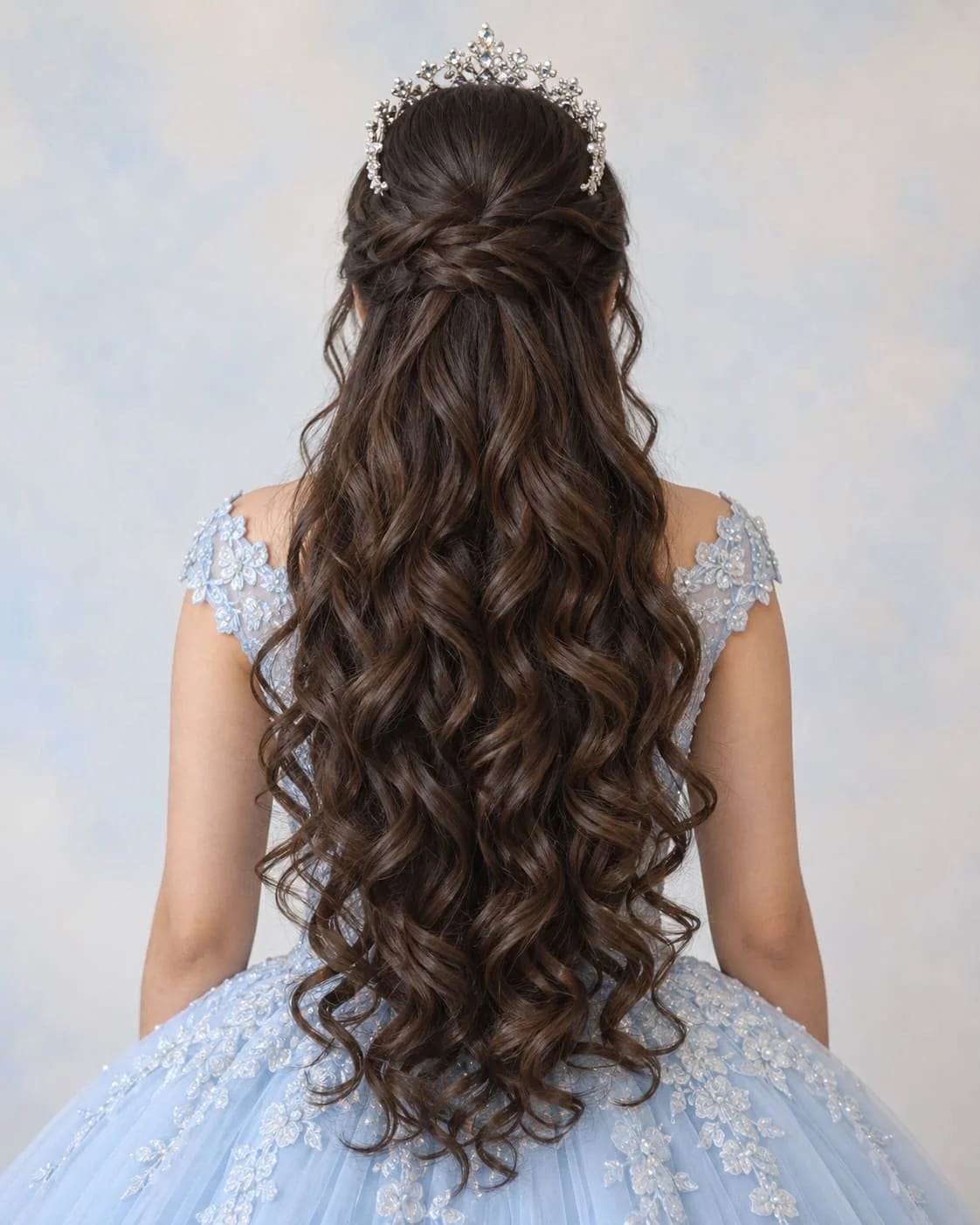 Dark Brown Half-Up Braided Tiara Waves, Close-Up Take Dark Brown Half-Up Braided Tiara Waves, Close-Up Take — Quick Quinceanera Hairstyles 2027