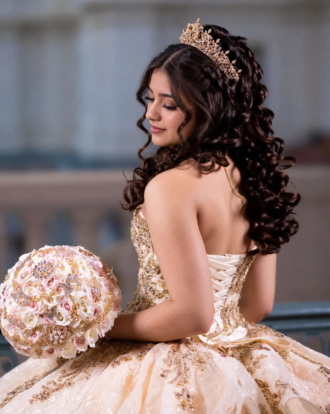 Dark Brown Half-Up Elaborate Curls Tiara Dark Brown Half-Up Elaborate Curls Tiara — Quick Quinceanera Hairstyles 2027