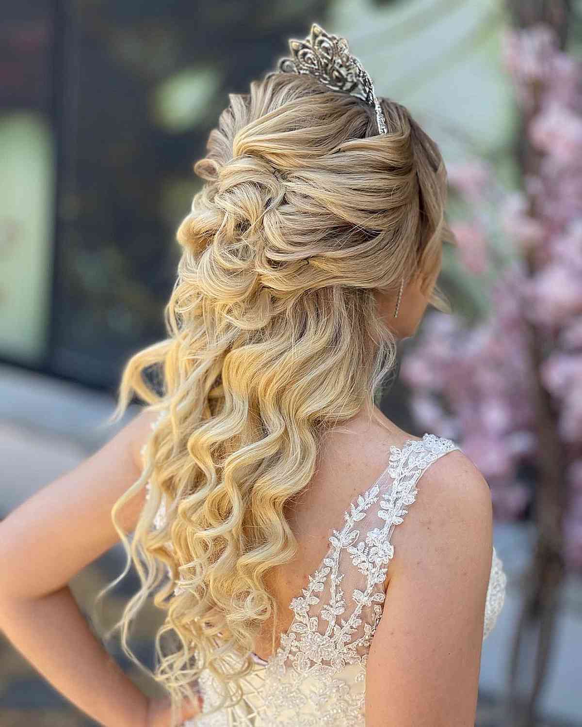 Blonde Voluminous Formal Updo With Tiara Blonde Voluminous Formal Updo With Tiara — Quick Quinceanera Hairstyles 2027