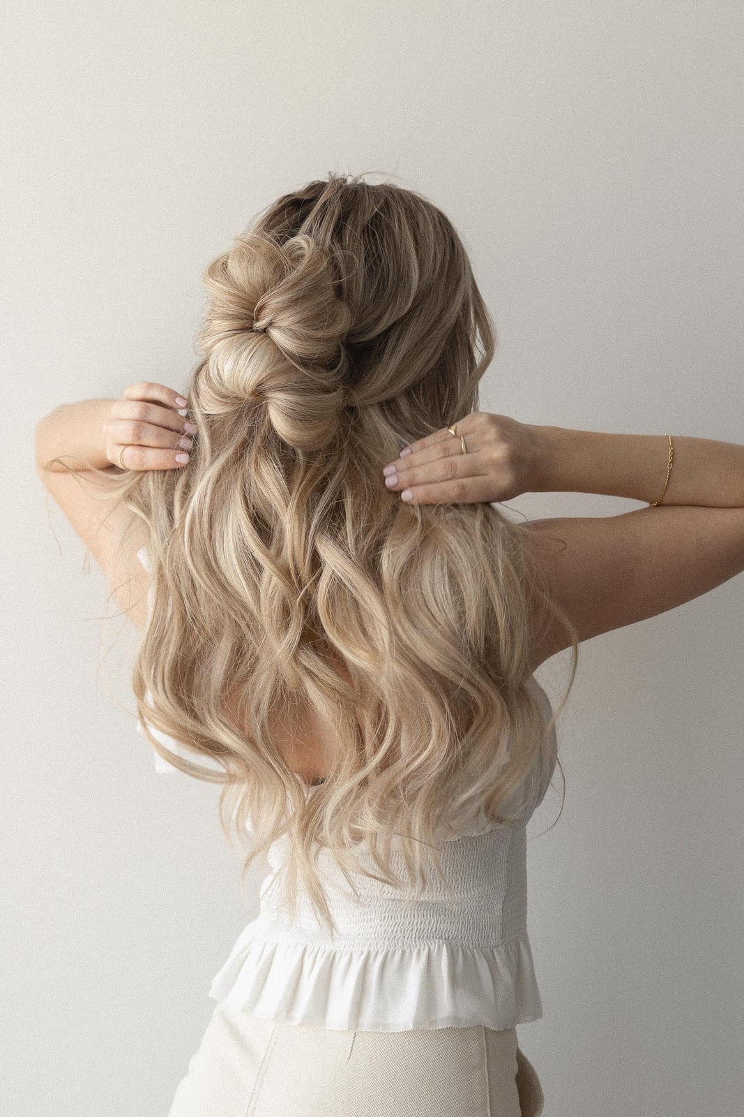 Honey Blonde Half-Up Twisted Crown Waves, Long Honey Blonde Half-Up Twisted Crown Waves, Long — Quick Quinceanera Hairstyles 2027