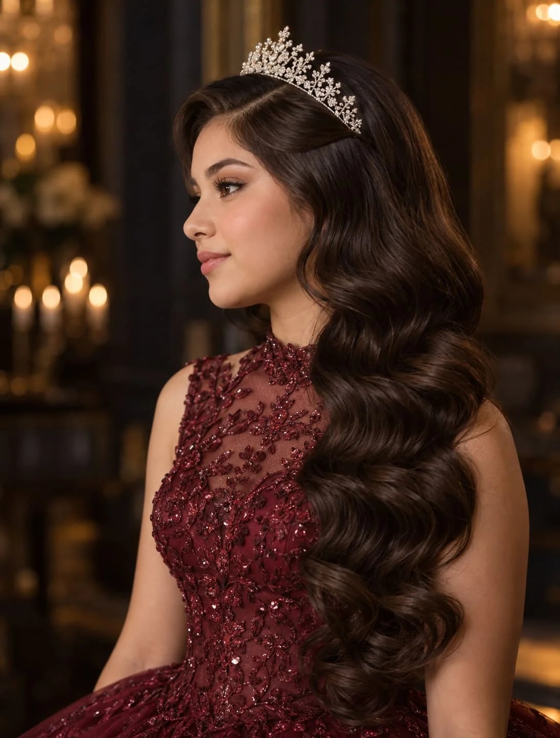 Dark Brown Voluminous Waves Side Part Tiara Dark Brown Voluminous Waves Side Part Tiara — Quick Quinceanera Hairstyles 2027
