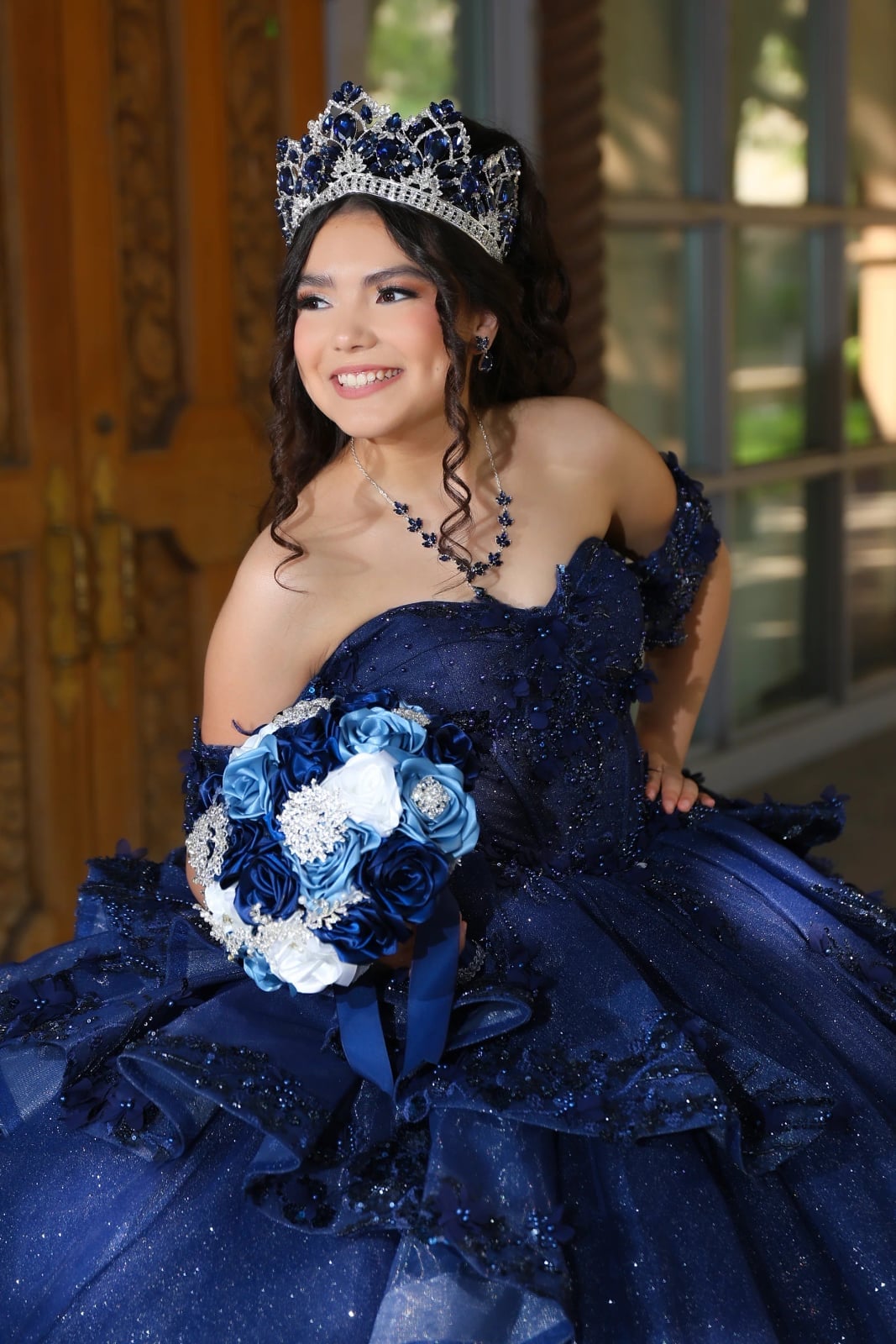 Dark Brown Voluminous Curls Half-Up Tiara, Long Layers Dark Brown Voluminous Curls Half-Up Tiara, Long Layers — Quick Quinceanera Hairstyles 2027