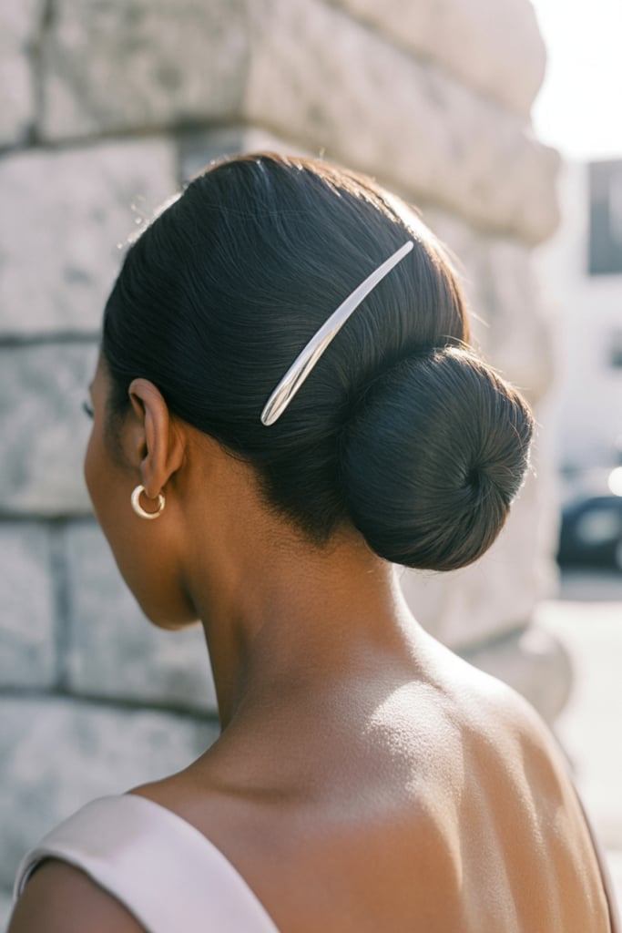 Sleek Dark Brown Low Bun With Hair Stick Sleek Dark Brown Low Bun With Hair Stick — Quick Quinceanera Hairstyles 2027