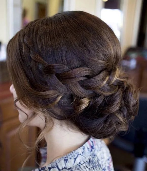 Dark Brown Wavy Braided Updo Dark Brown Wavy Braided Updo — Quick Quinceanera Hairstyles 2027