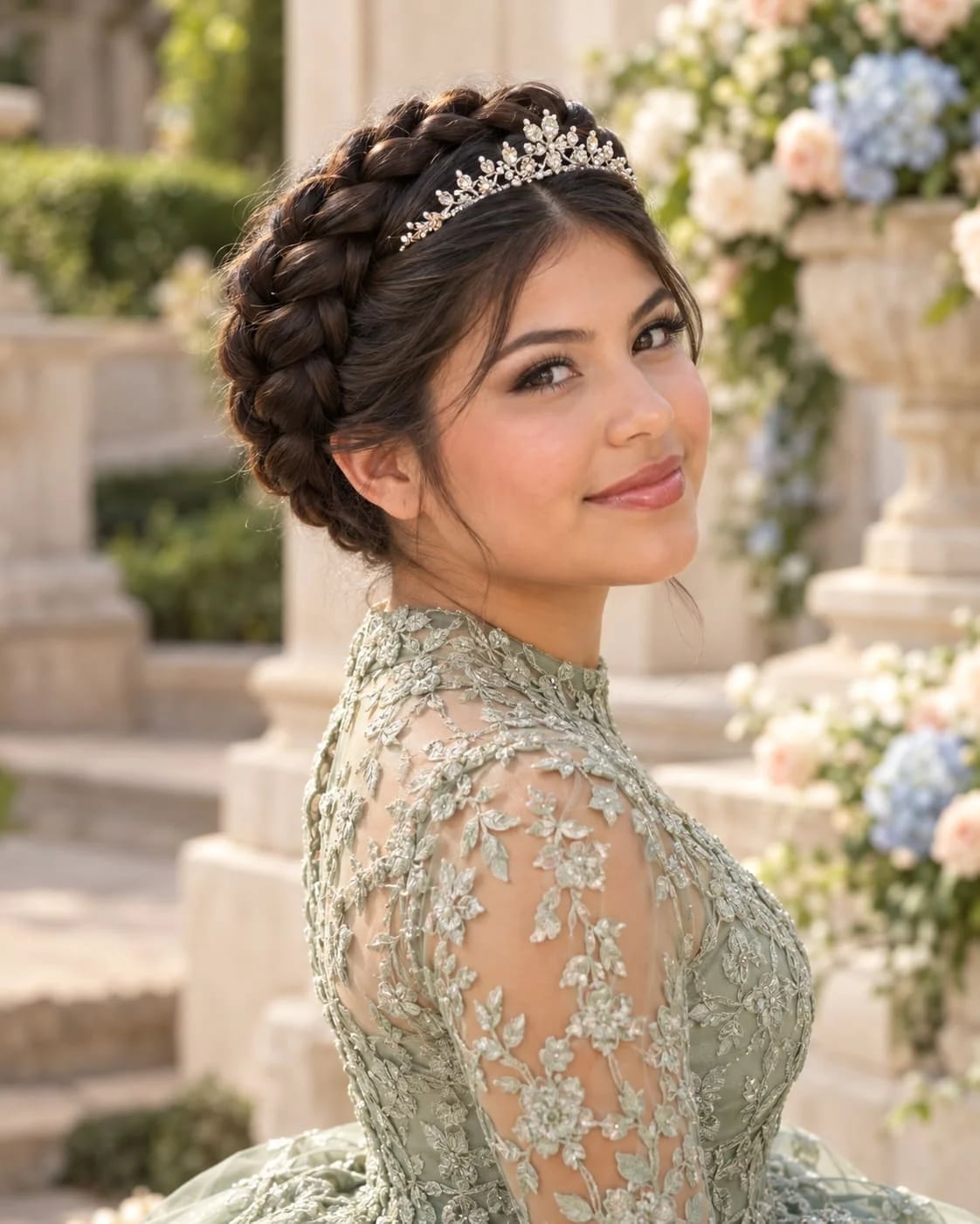 Dark Brown Wavy Braided Crown Updo, Everyday Version Dark Brown Wavy Braided Crown Updo, Everyday Version — Quick Quinceanera Hairstyles 2027