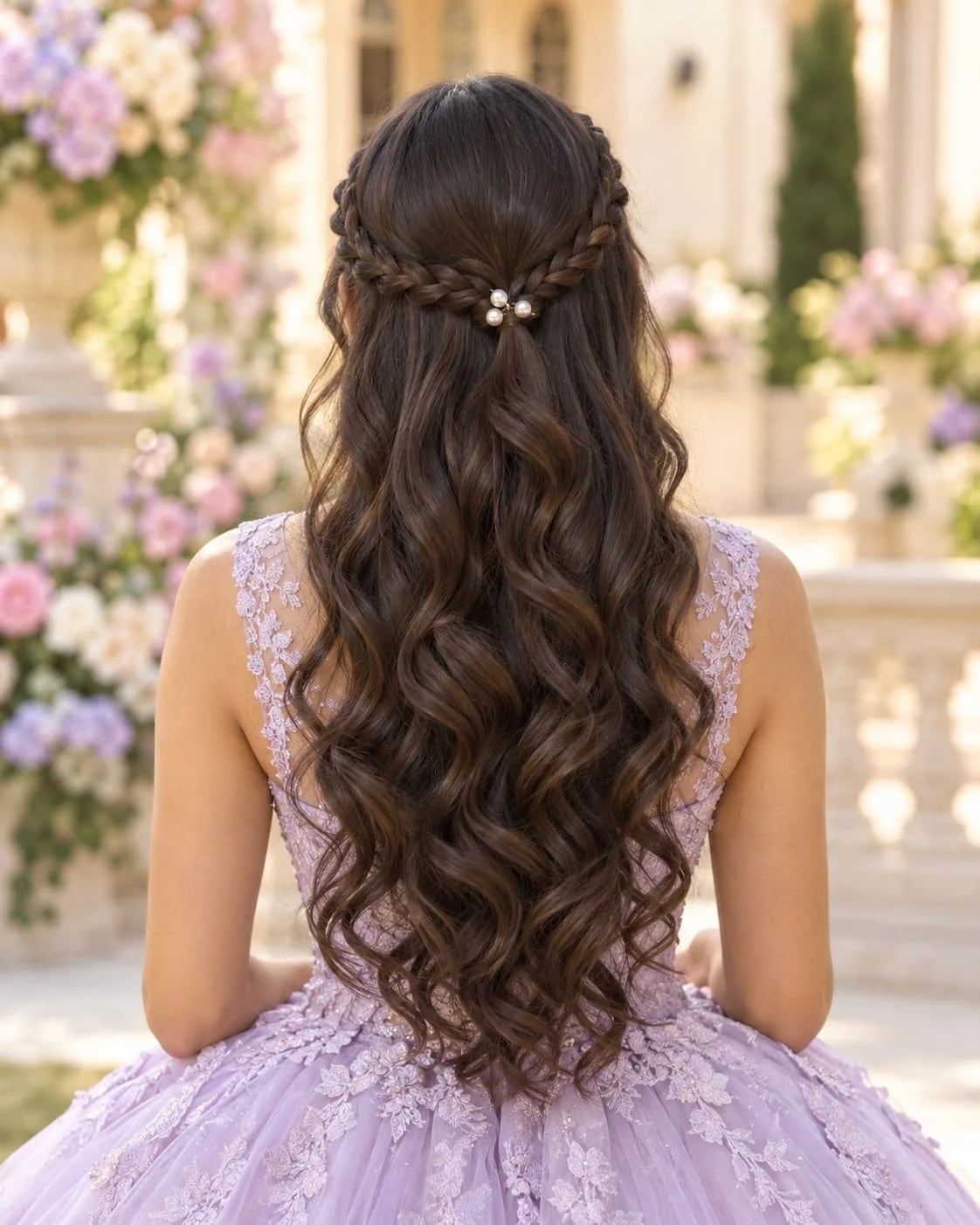 Dark Brown Half-Up Braided Detail Waves, Mid-Back Dark Brown Half-Up Braided Detail Waves, Mid-Back — Quick Quinceanera Hairstyles 2027
