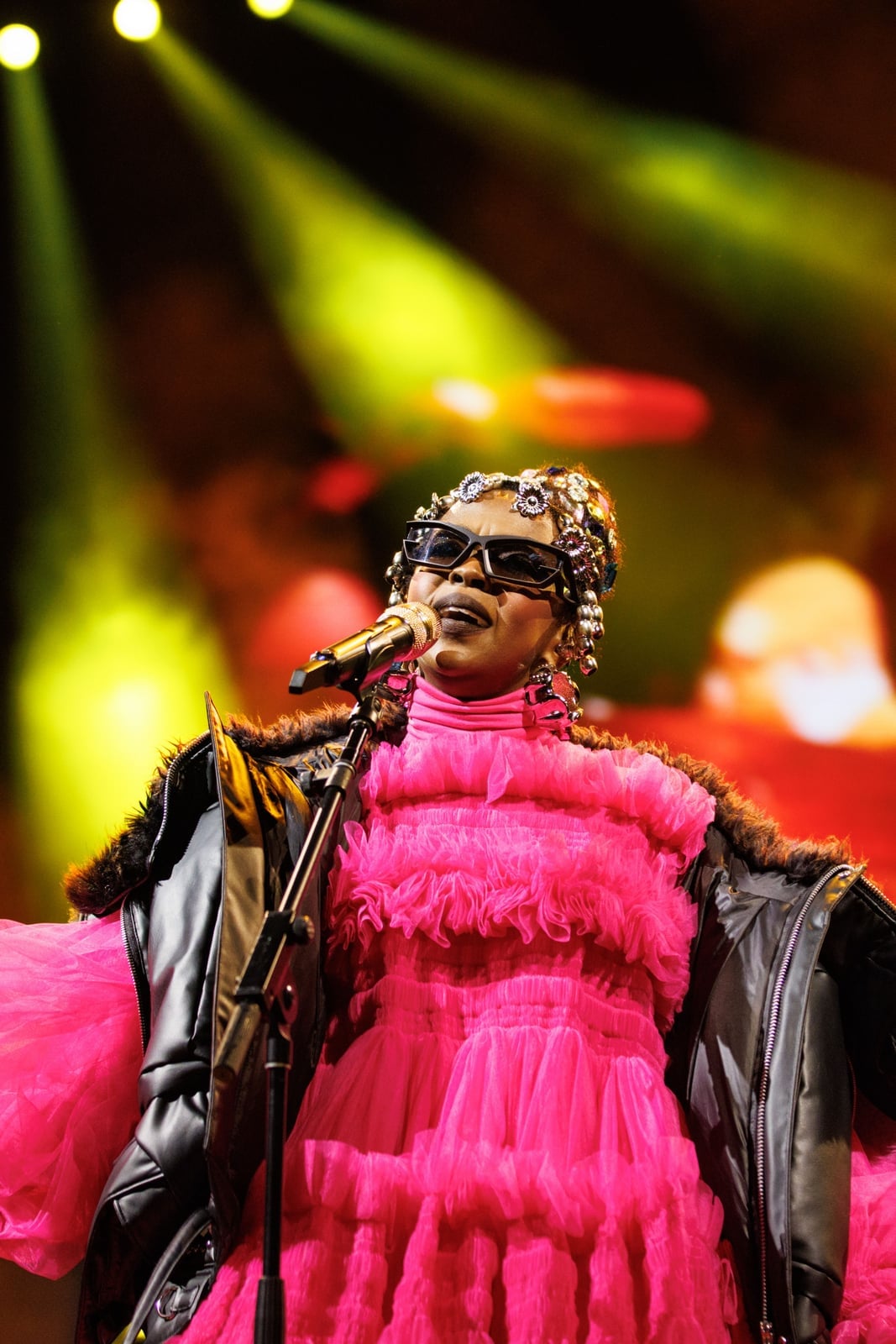 Leather Jacket Over Ruffled Tulle Dress Leather Jacket Over Ruffled Tulle Dress — Rap Concert Outfits 2027