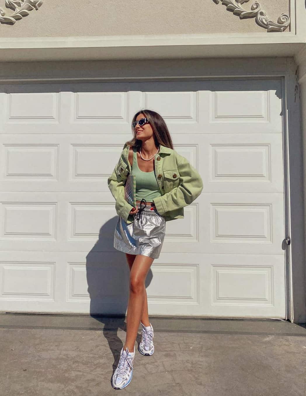Denim Jacket and Metallic Mini Skirt Denim Jacket and Metallic Mini Skirt — Rap Concert Outfits 2027