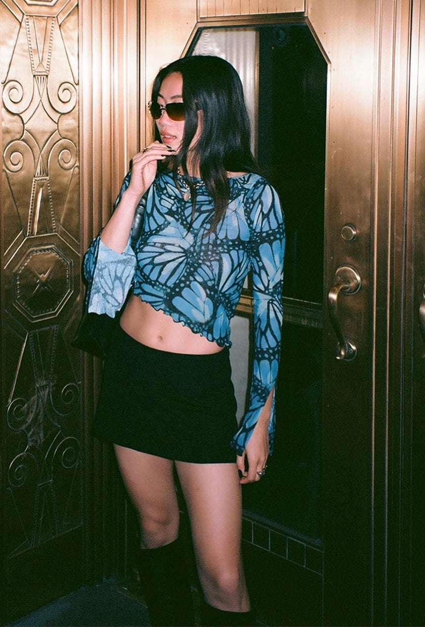 Butterfly Print Mesh Top and Mini Skirt Butterfly Print Mesh Top and Mini Skirt — Rap Concert Outfits 2027
