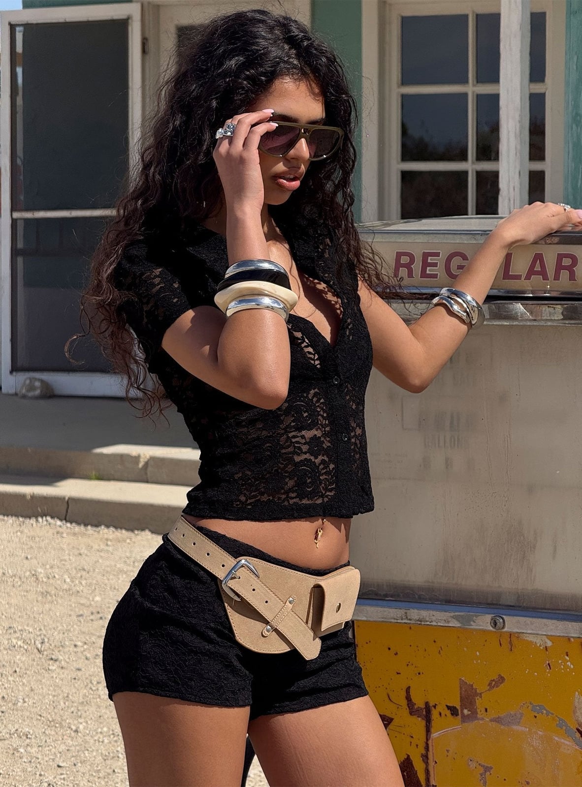 Lace Button-Up Top and Lace Shorts Lace Button-Up Top and Lace Shorts — Rap Concert Outfits 2027