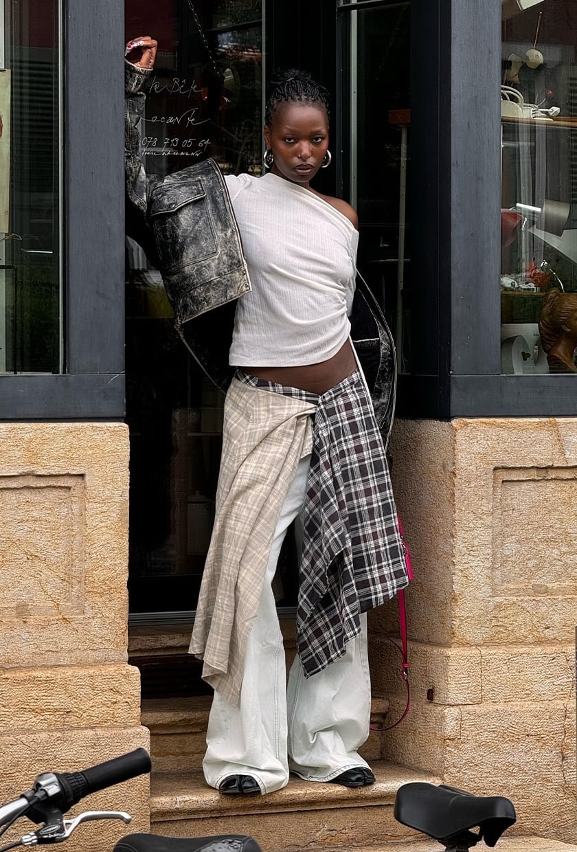 Off-the-Shoulder Top with Plaid Shirt Accent Off-the-Shoulder Top with Plaid Shirt Accent — Rap Concert Outfits 2027