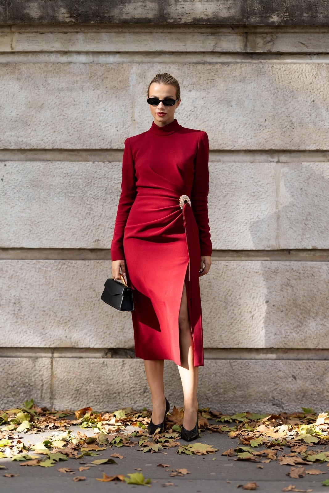Long-sleeved mock neck dress with side drape Long-sleeved mock neck dress with side drape — Red New Years Eve Outfits 2027