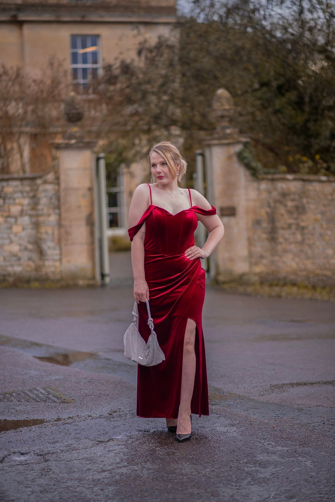 Burgundy velvet off-the-shoulder dress with high slit Burgundy velvet off-the-shoulder dress with high slit — Red New Years Eve Outfits 2027