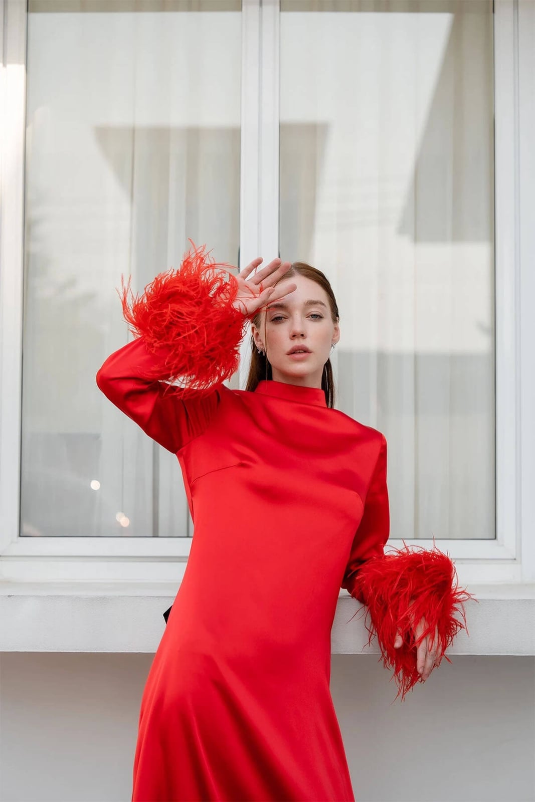 Bright red satin dress with feather trim Bright red satin dress with feather trim — Red New Years Eve Outfits 2027