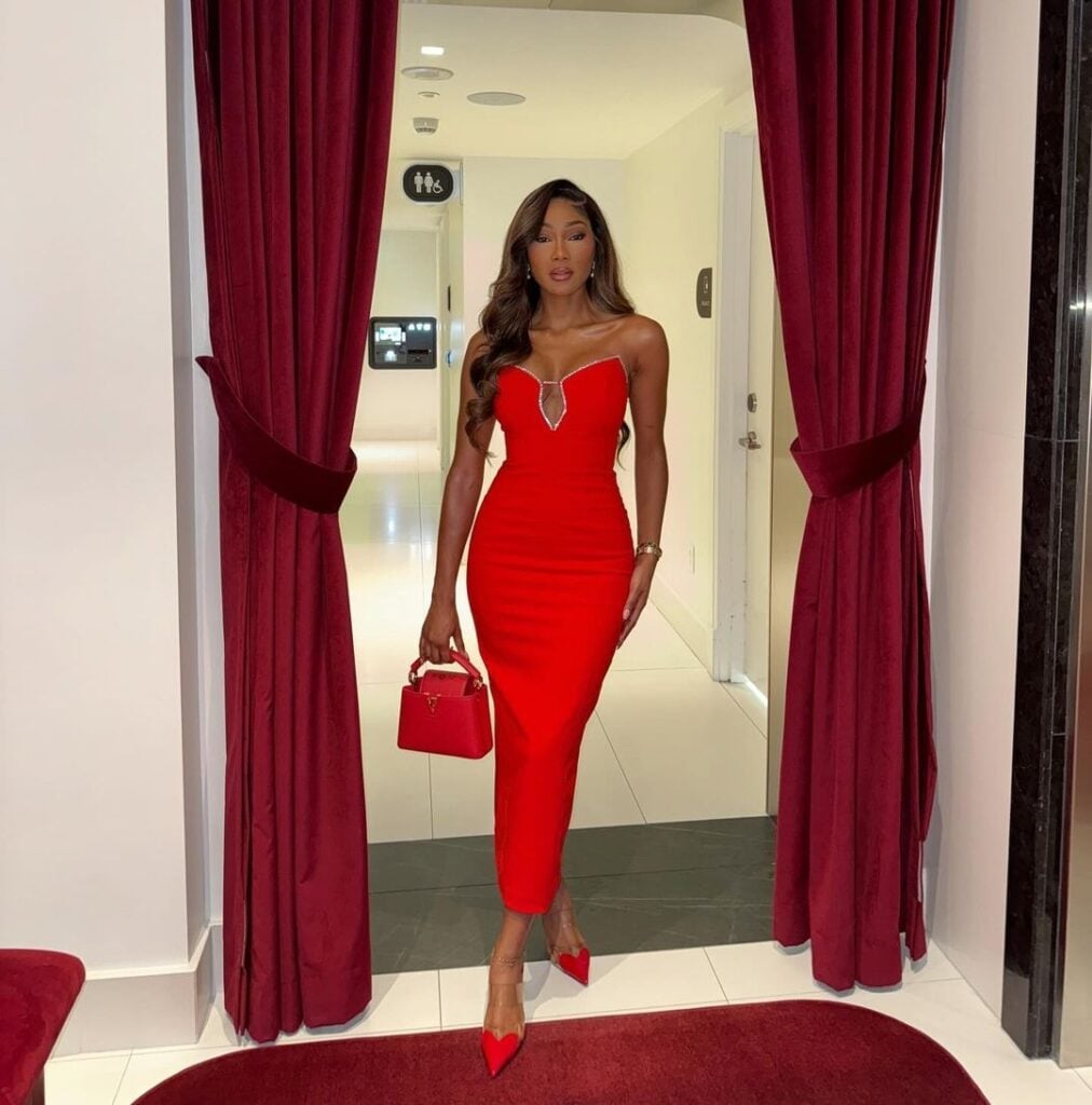 Strapless red midi dress with metallic trim Strapless red midi dress with metallic trim — Red New Years Eve Outfits 2027