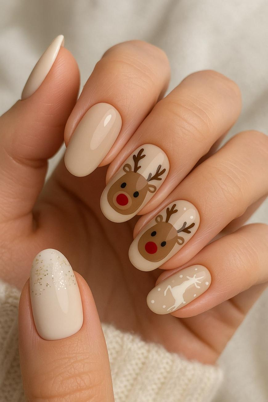 Short Oval Beige Reindeer Face Nails Short Oval Beige Reindeer Face Nails — Reindeer Nails 2026