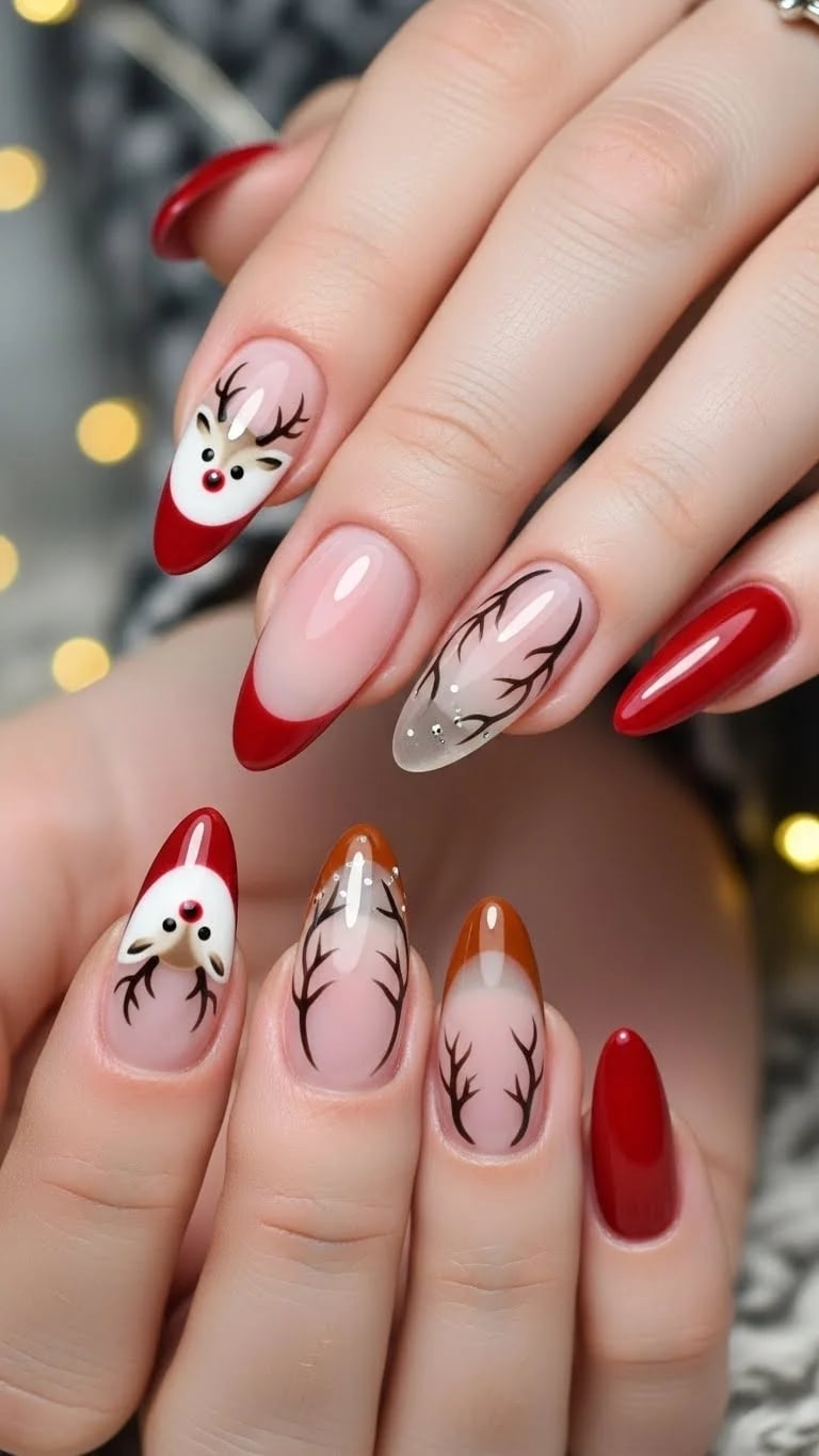 Short Oval Beige Reindeer Face Glitter Nails, Almond Short Oval Beige Reindeer Face Glitter Nails, Almond — Reindeer Nails 2026