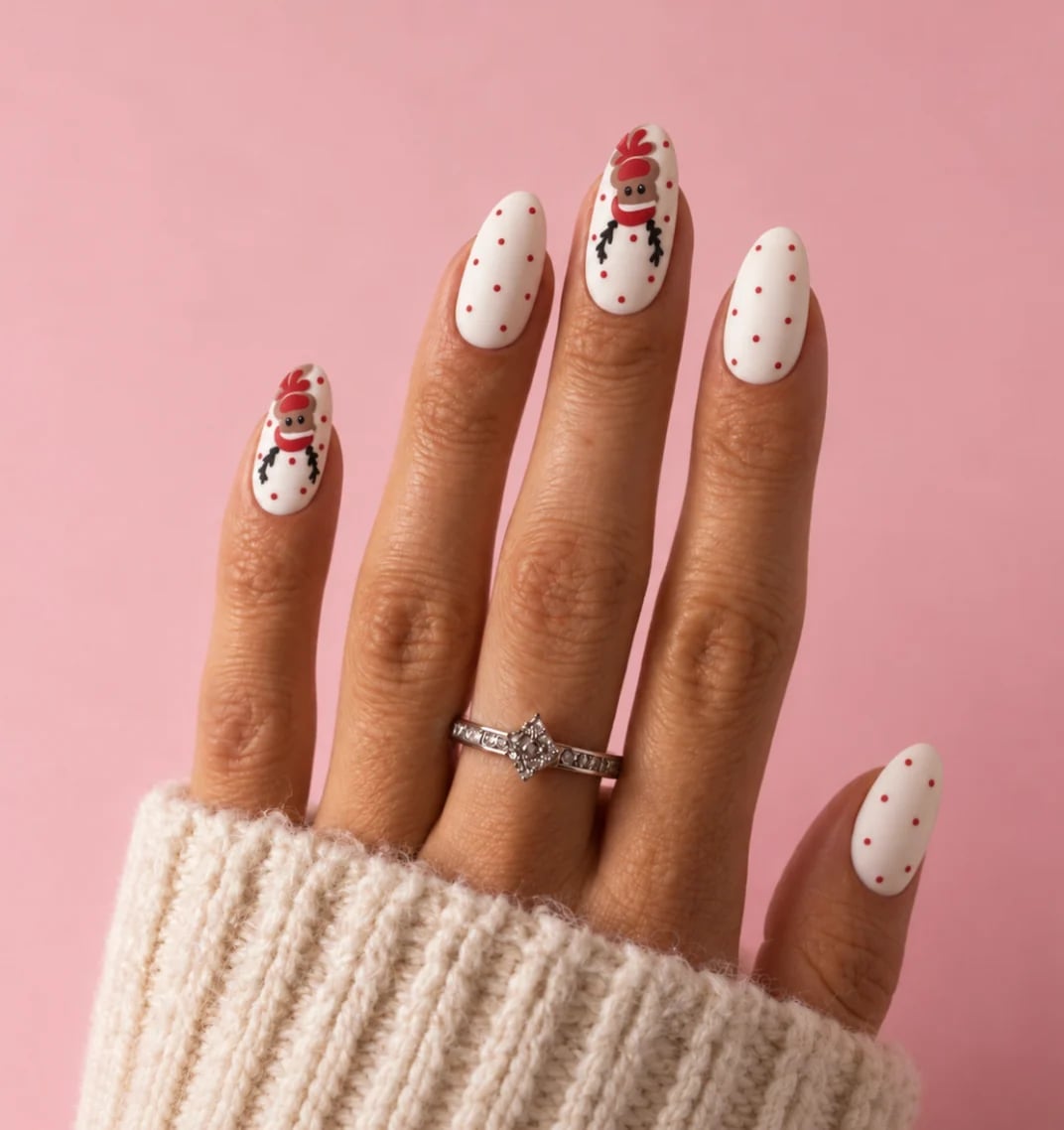 Short Square Pink Reindeer Face Silver Glitter Nails, Red Nose Short Square Pink Reindeer Face Silver Glitter Nails, Red Nose — Reindeer Nails 2026